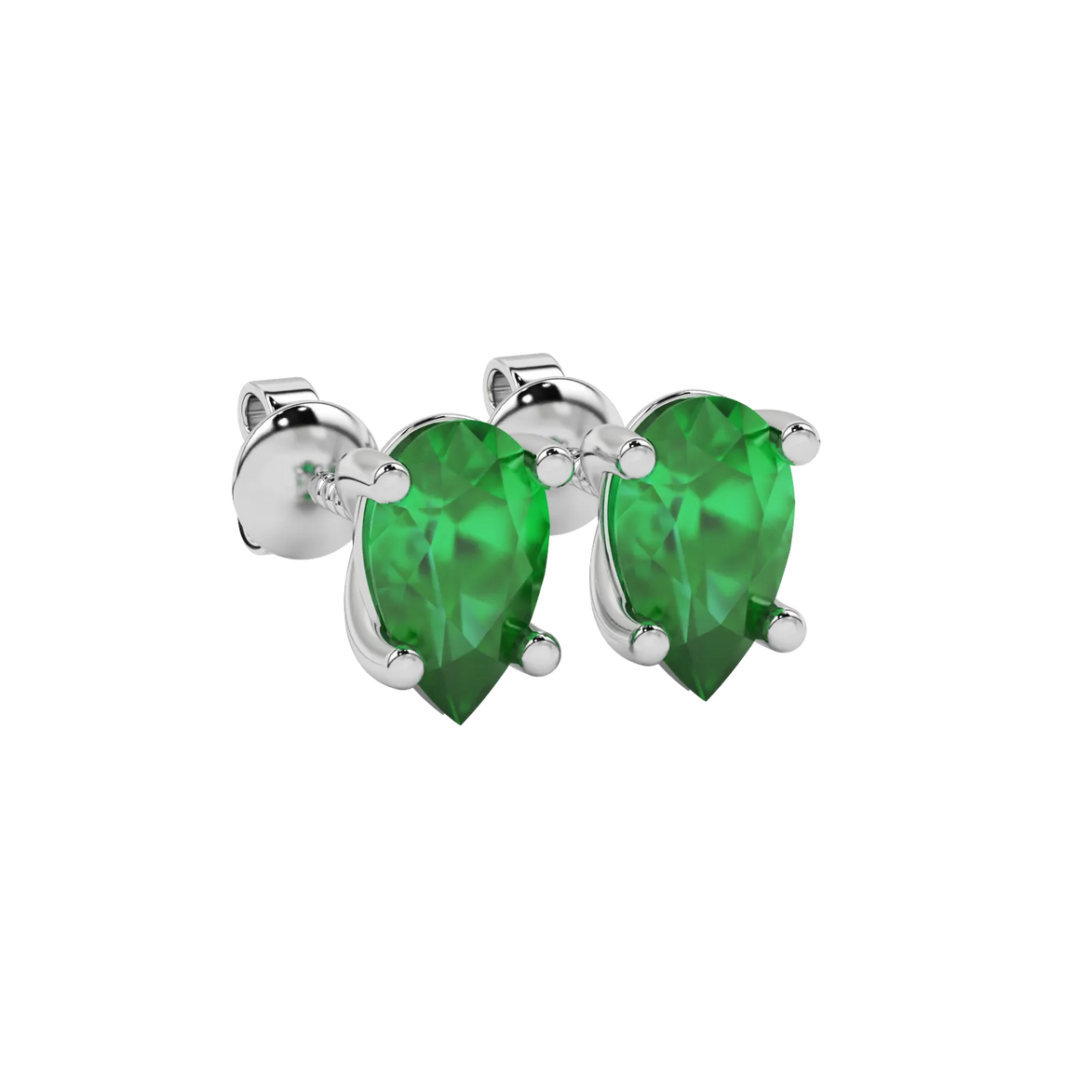 Close-up emerald green gemstone, white gold classic basket.