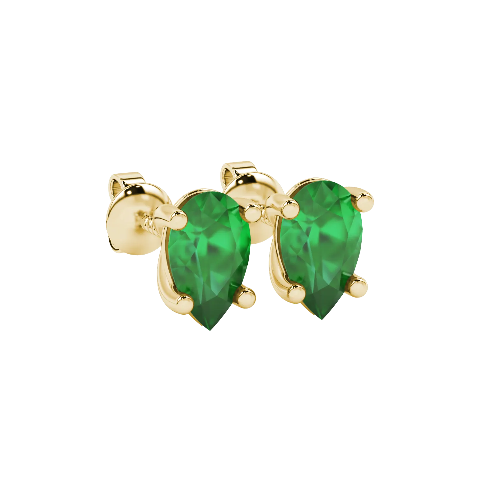 Close-up, pear shape emerald green gemstone, yellow gold classic basket earrings.