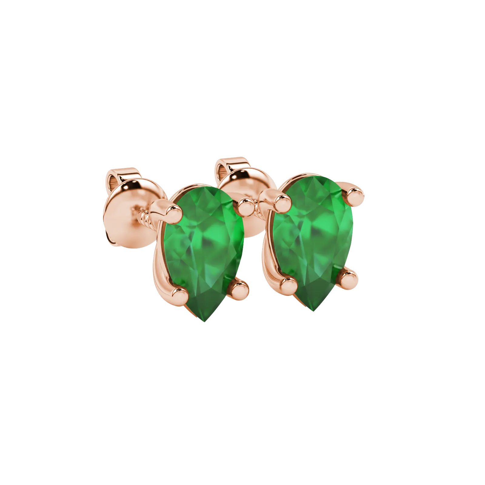 Close-up, pear shape emerald green gemstone earrings, rose gold classic basket