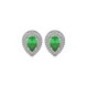 Pear shape emerald green gemstone earrings, white gold falling edge halo setting.