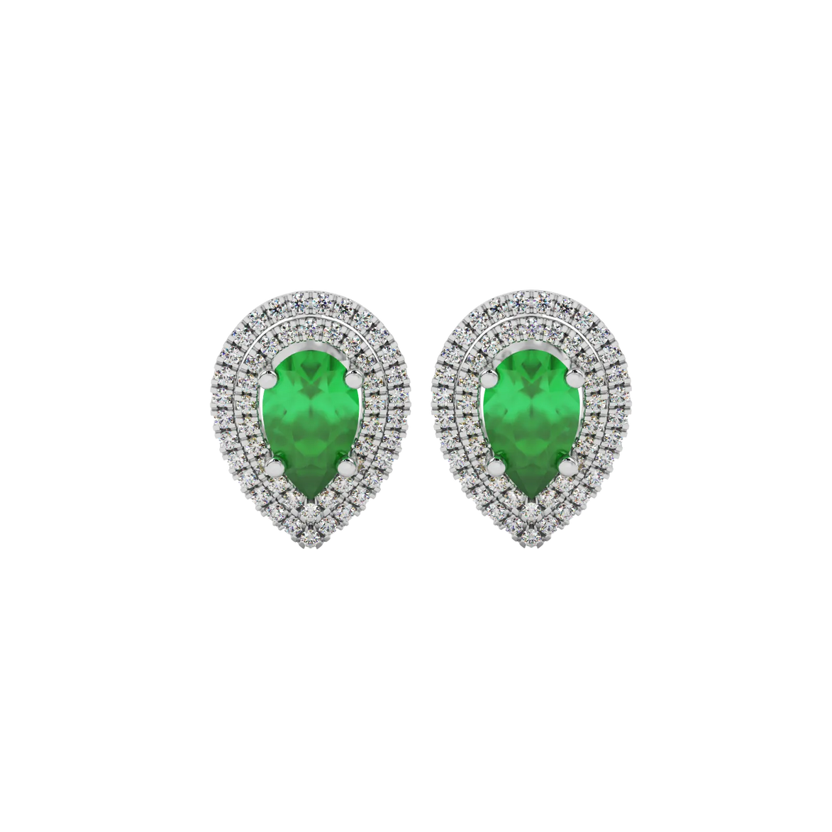 Pear shape emerald green gemstone earrings, white gold falling edge halo setting.