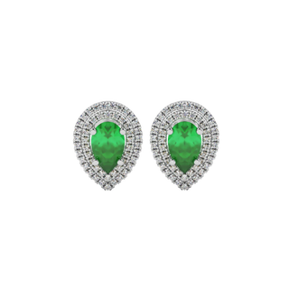 Pear shape emerald green gemstone earrings, white gold falling edge halo setting.