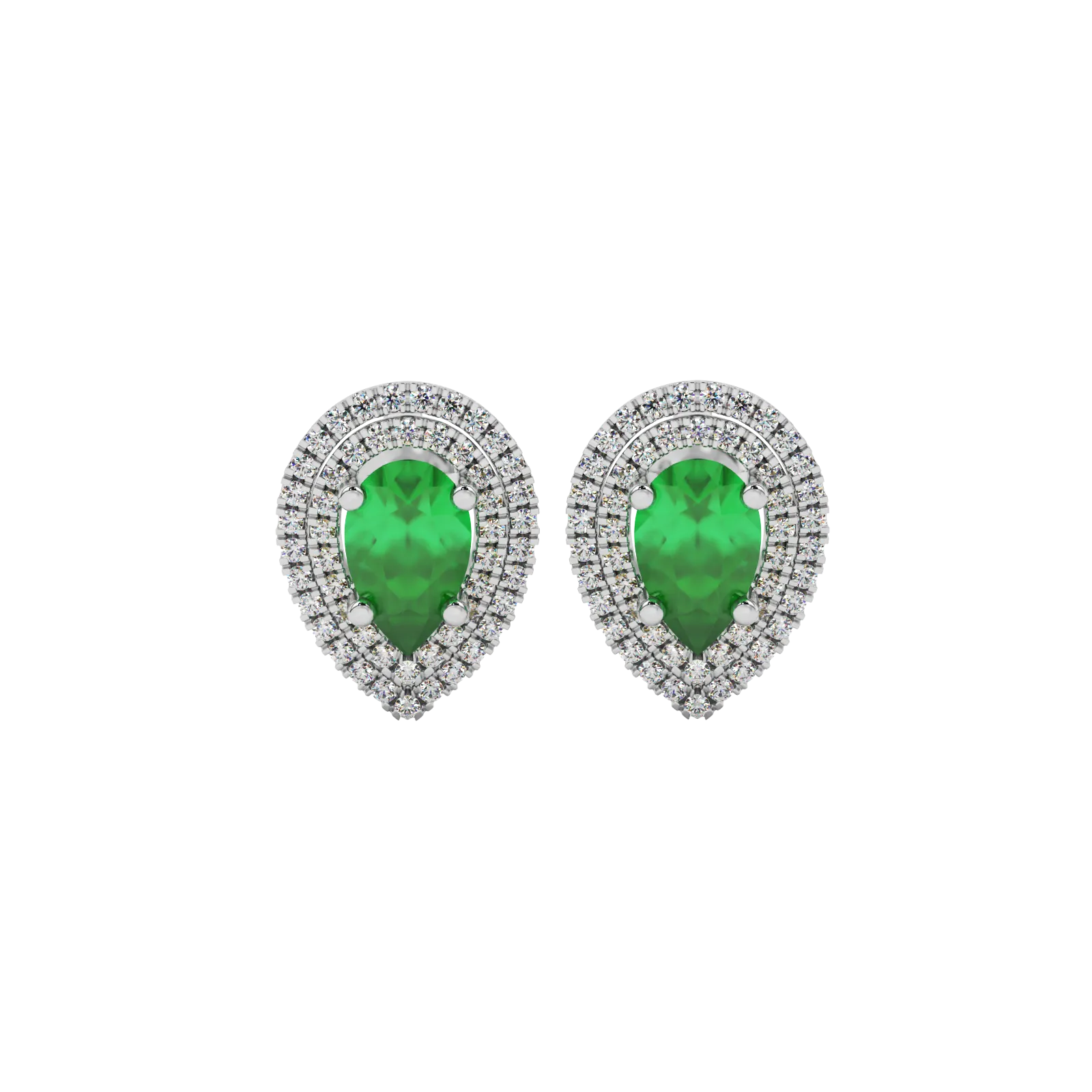Pear shape emerald green gemstone earrings, white gold falling edge halo setting.