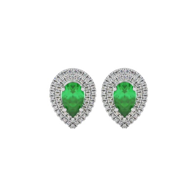 Pear shape emerald green gemstone earrings, white gold falling edge halo setting.