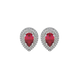 Pear shape raspberry red gemstone earrings, white gold falling edge halo setting.
