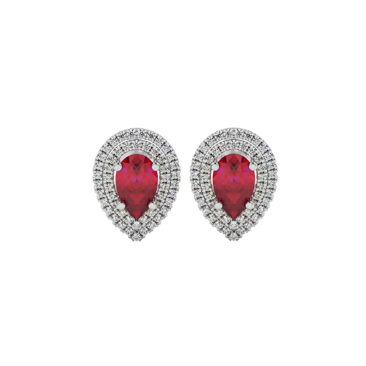 Pear shape raspberry red gemstone earrings, white gold falling edge halo setting.