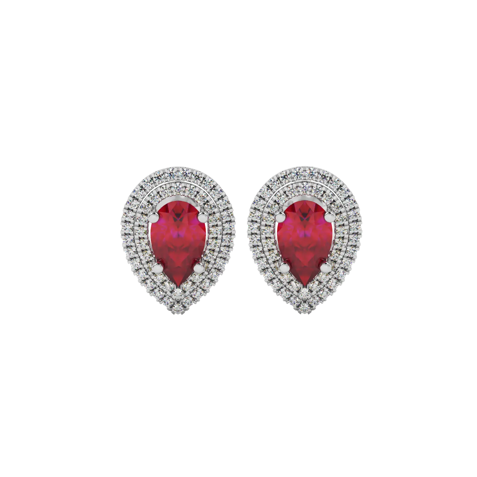 Pear shape raspberry red gemstone earrings, white gold falling edge halo setting.
