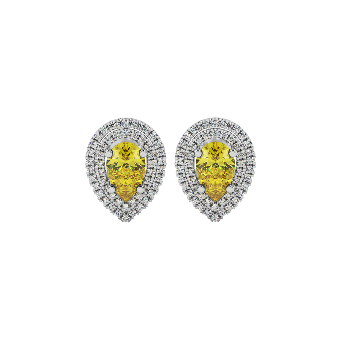 Pear shape canary yellow gemstone earrings, white gold falling edge halo setting