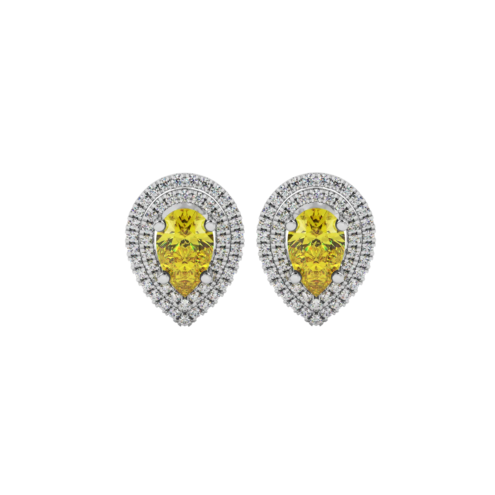 Pear shape canary yellow gemstone earrings, white gold falling edge halo setting