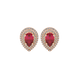 Pear shape raspberry red gemstone earrings, rose gold falling edge halo setting