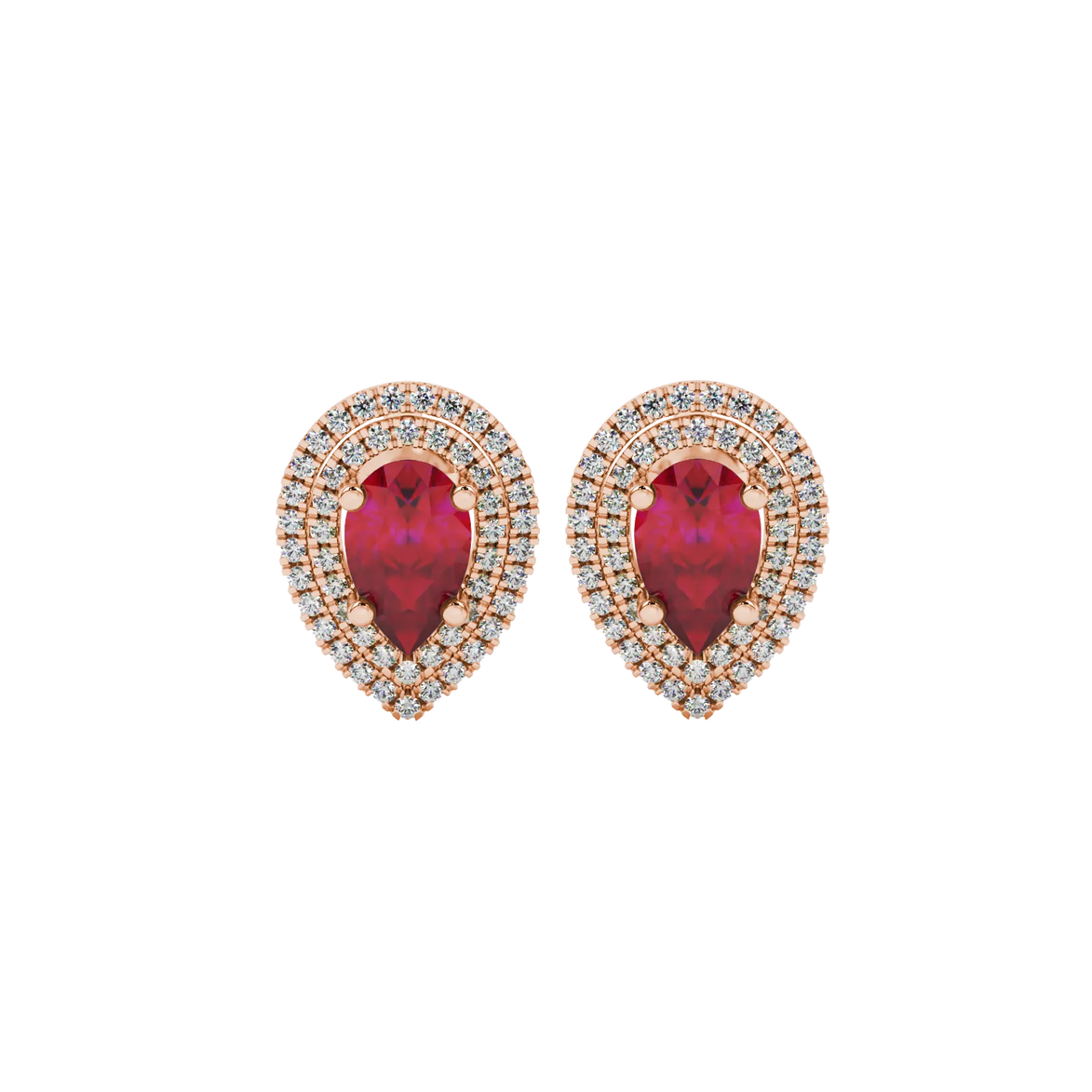 Pear shape raspberry red gemstone earrings, rose gold falling edge halo setting