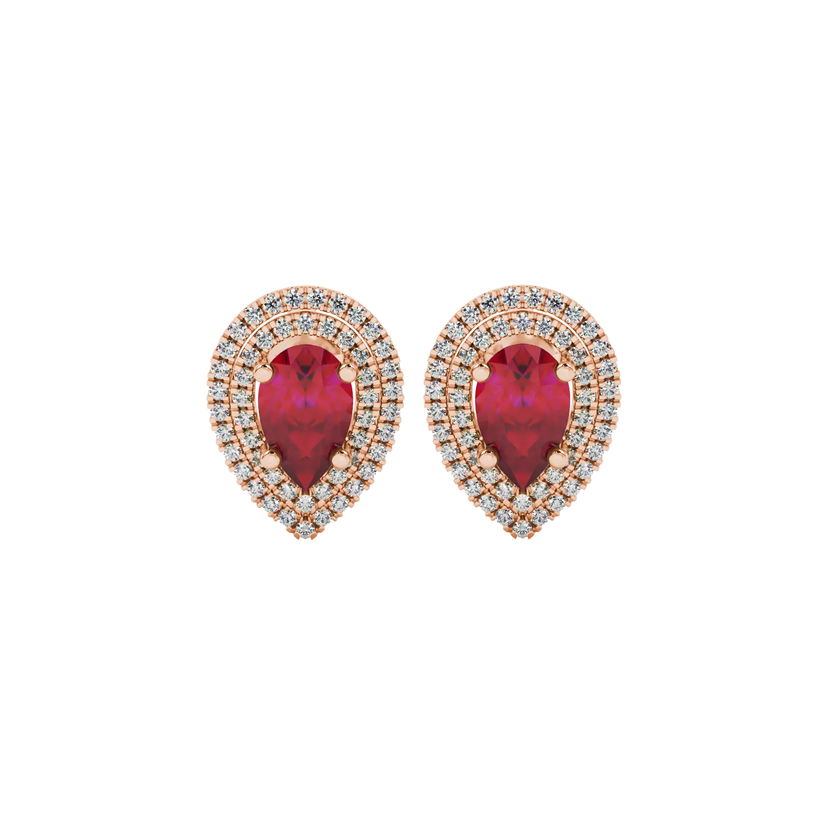 Pear shape raspberry red gemstone earrings, rose gold falling edge halo setting