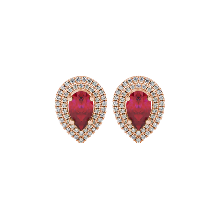 Pear shape raspberry red gemstone earrings, rose gold falling edge halo setting