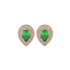 Pear shape emerald green gemstone earrings, rose gold falling edge halo setting.