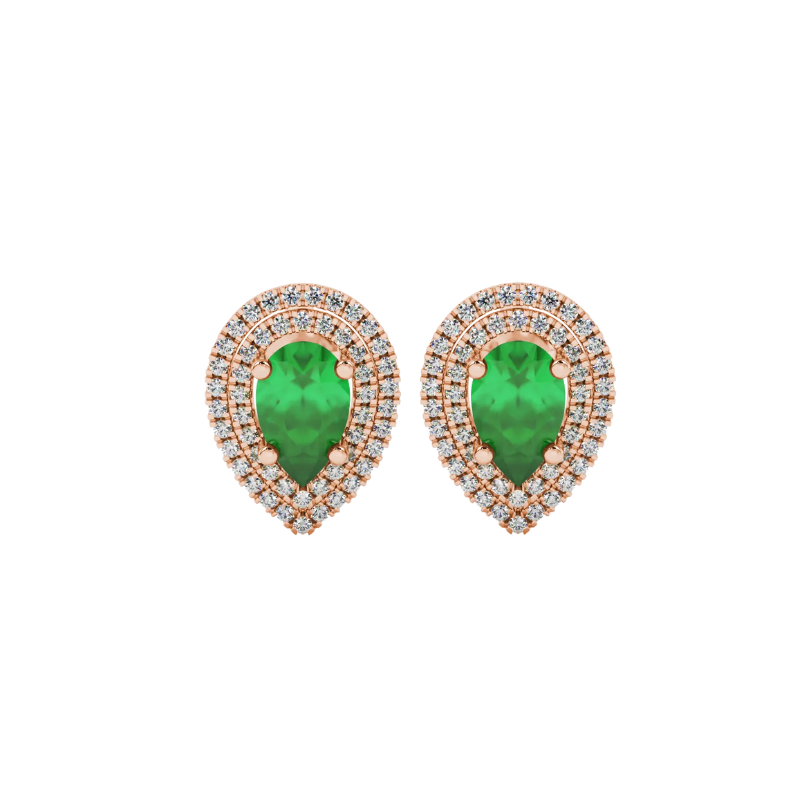 Pear shape emerald green gemstone earrings, rose gold falling edge halo setting.