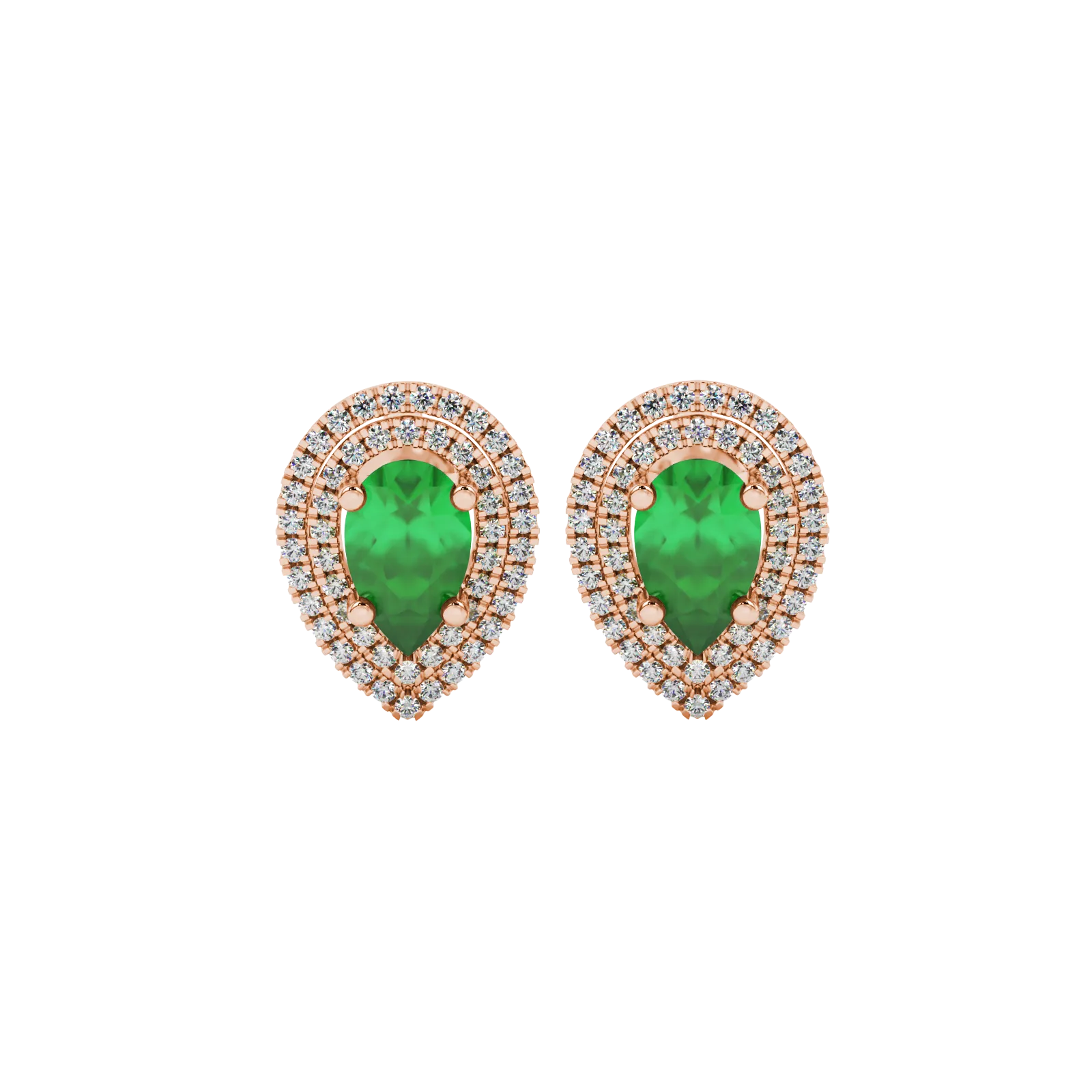 Pear shape emerald green gemstone earrings, rose gold falling edge halo setting.