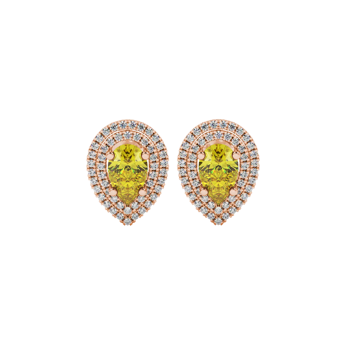Pear shape canary yellow gemstone earrings, rose gold falling edge halo setting.