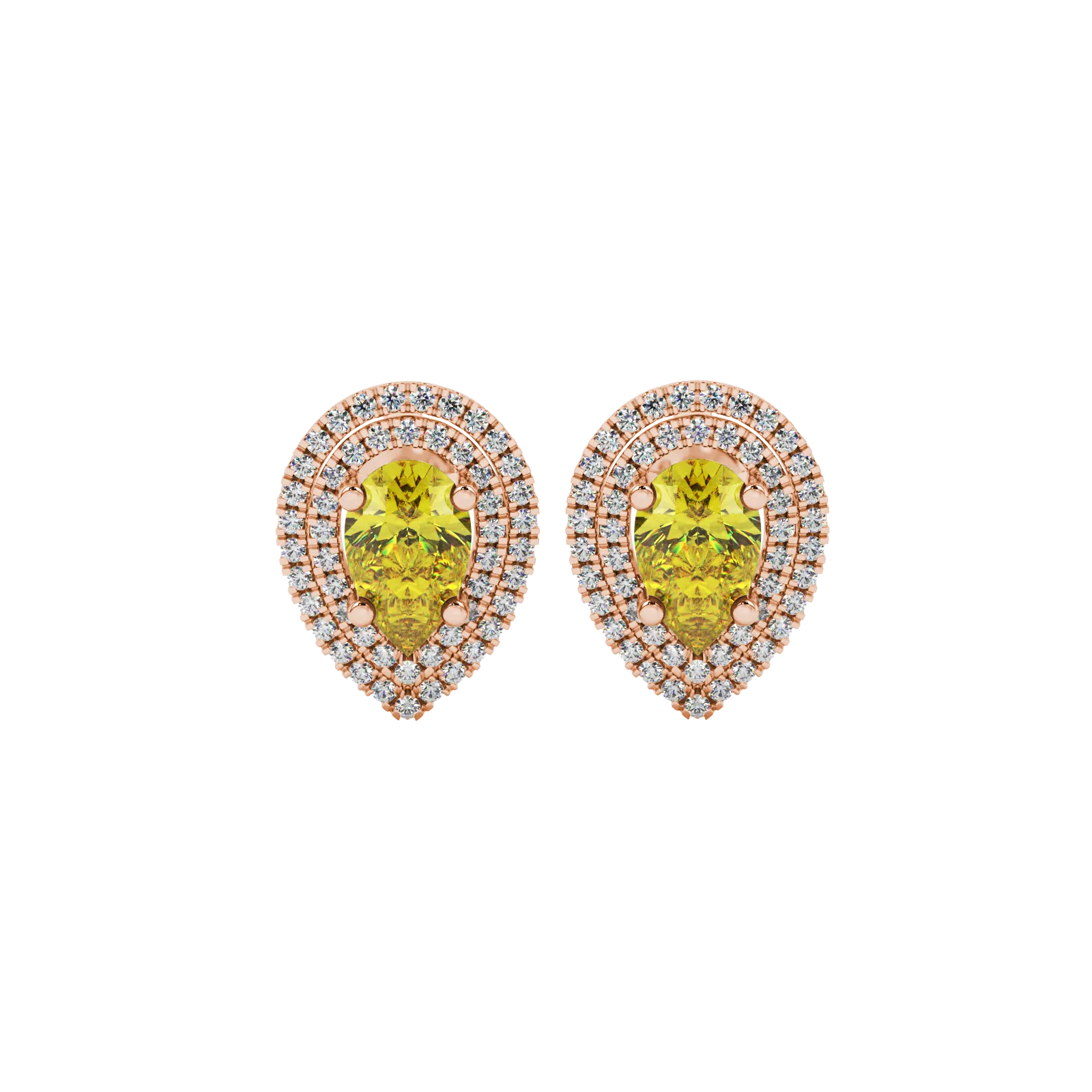 Pear shape canary yellow gemstone earrings, rose gold falling edge halo setting.