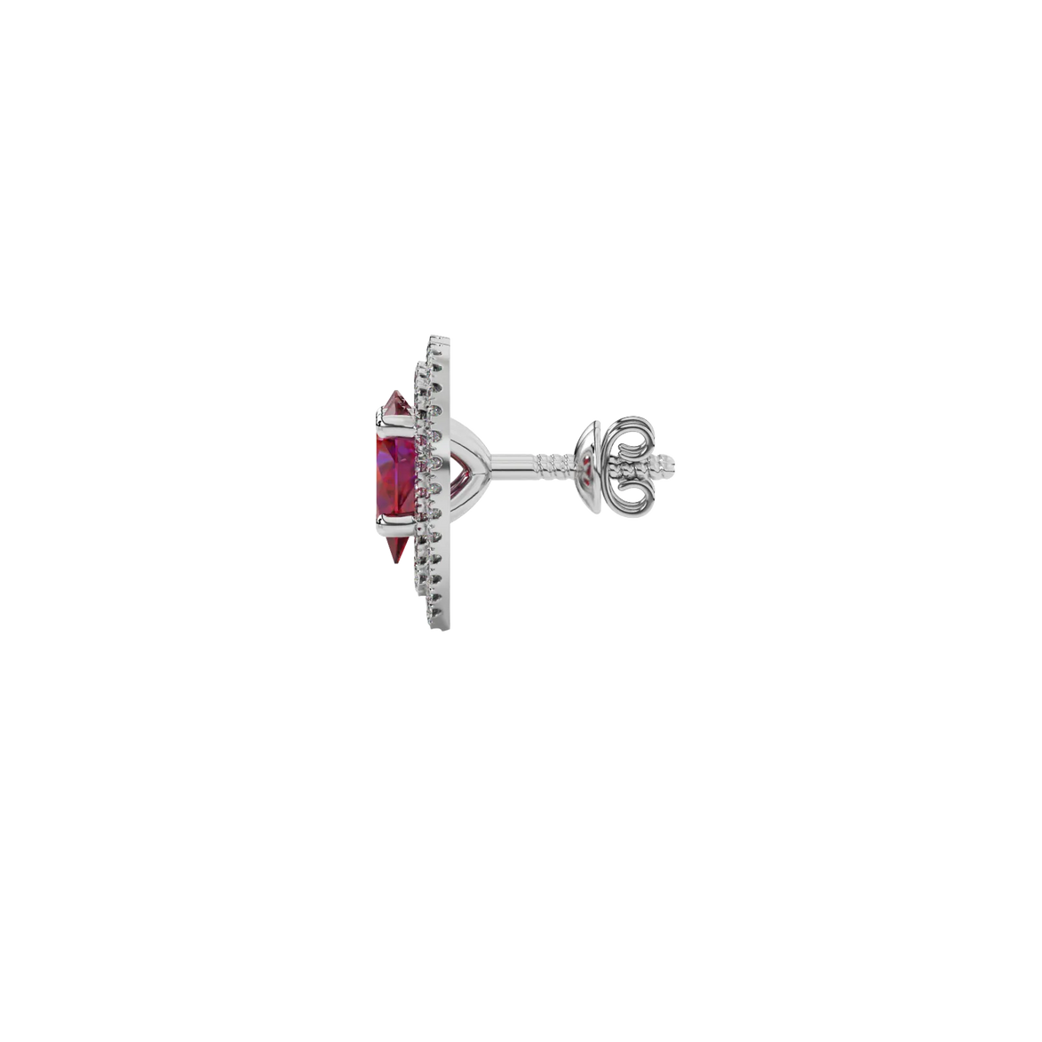Side profile, white gold raspberry red earrings, falling edge halo gallery.