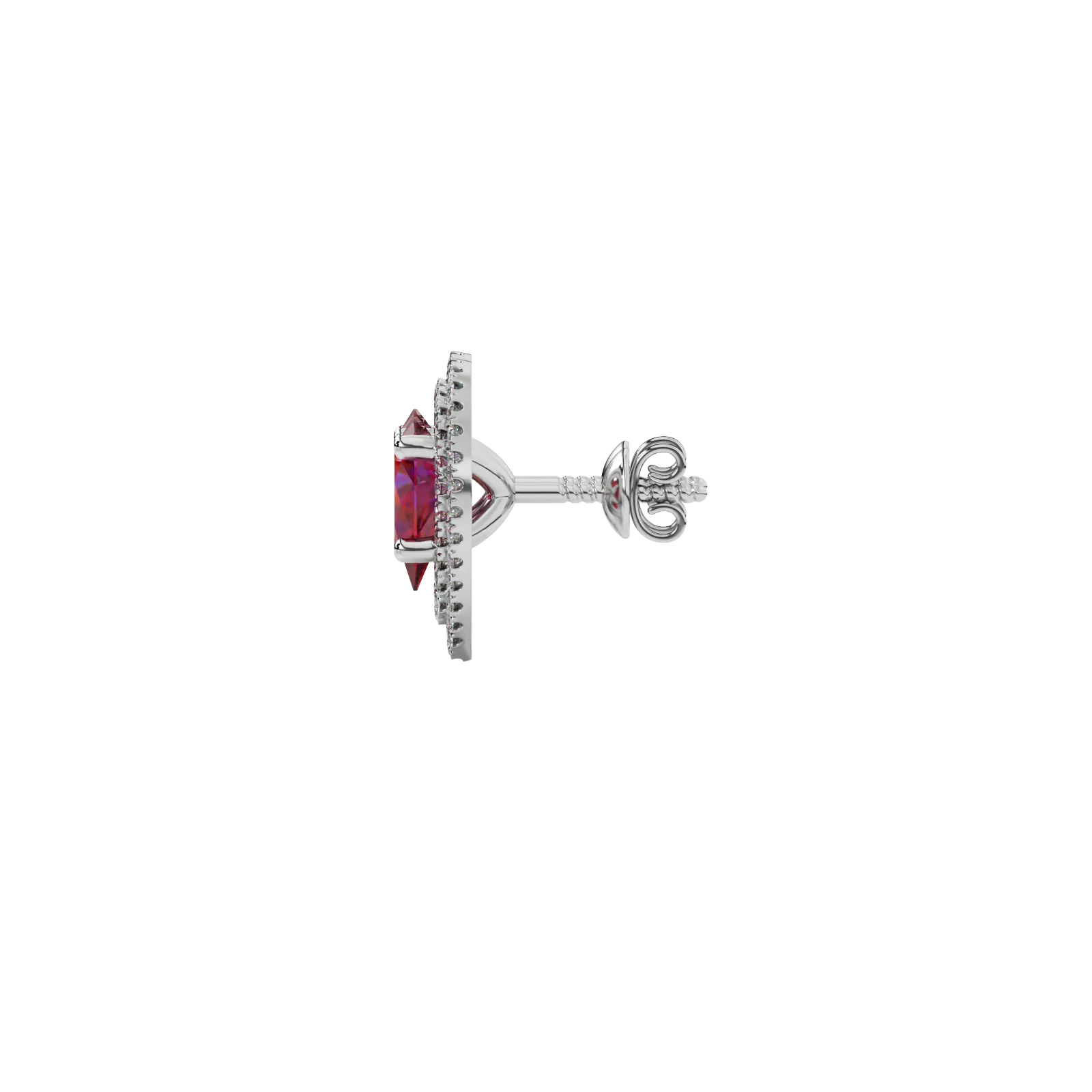 Side profile, white gold raspberry red earrings, falling edge halo gallery.