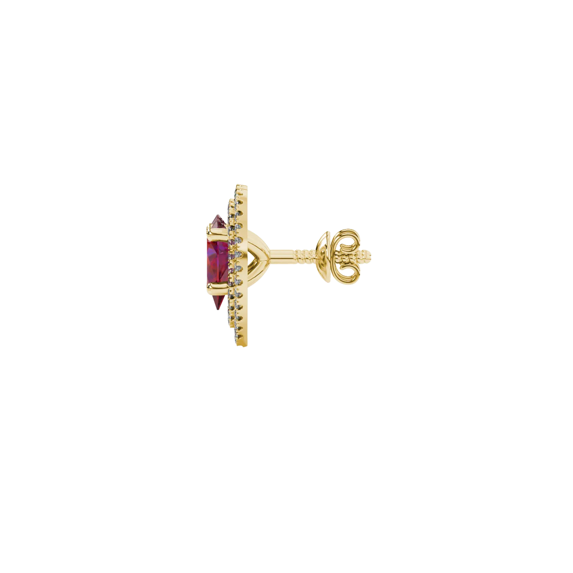 Side profile, yellow gold raspberry red earrings, falling edge halo gallery.