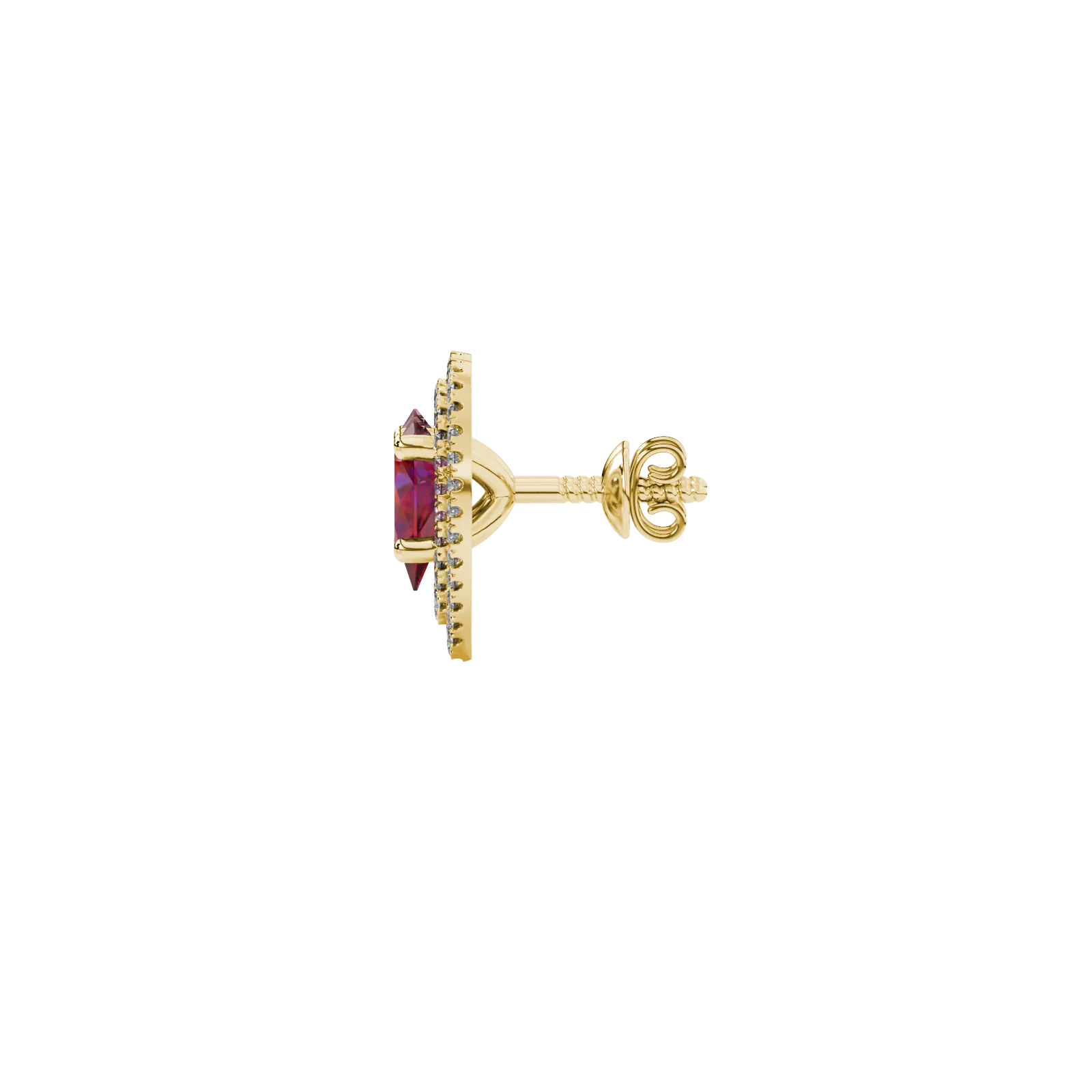 Side profile, yellow gold raspberry red earrings, falling edge halo gallery.