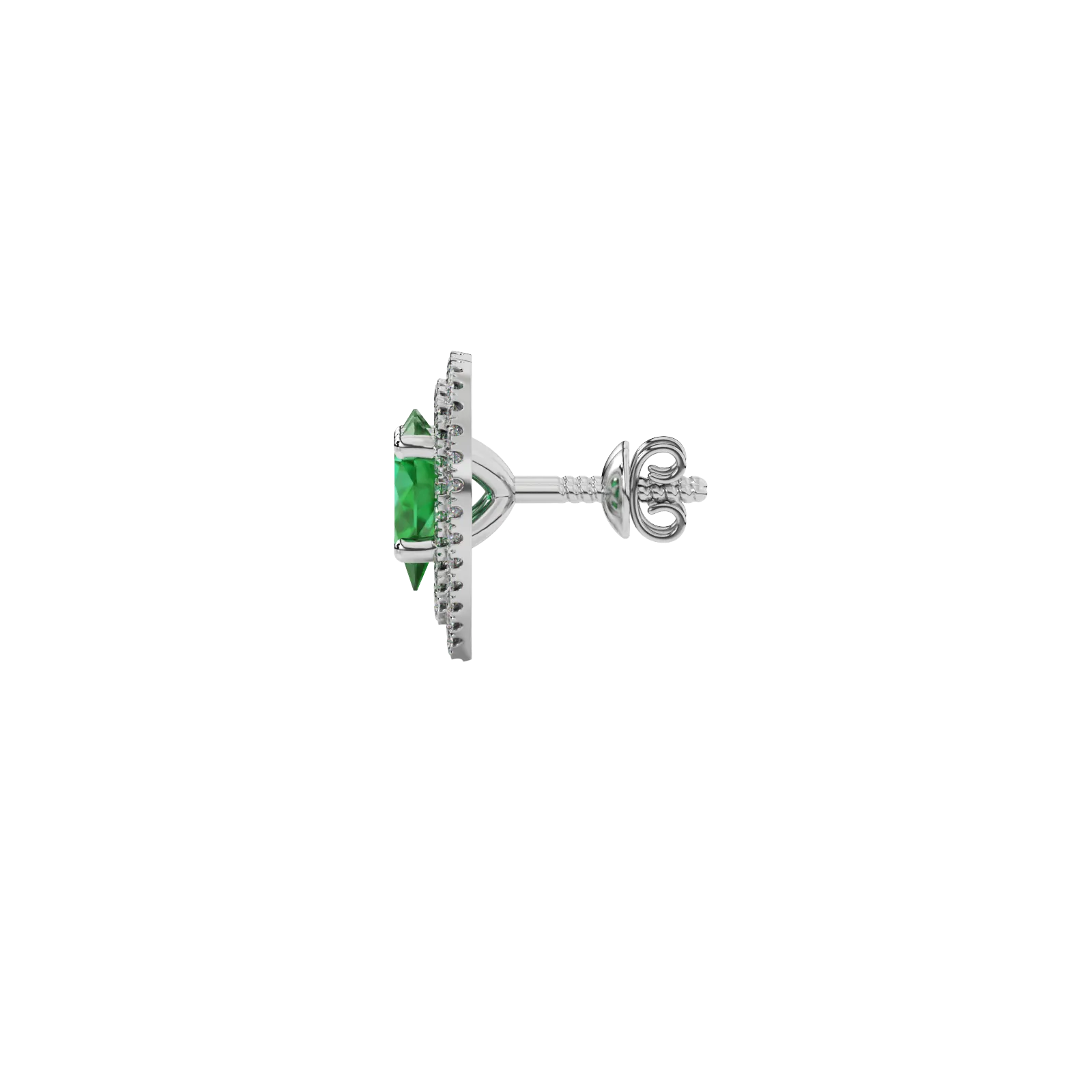 Side profile, white gold emerald green earrings, falling edge halo gallery.