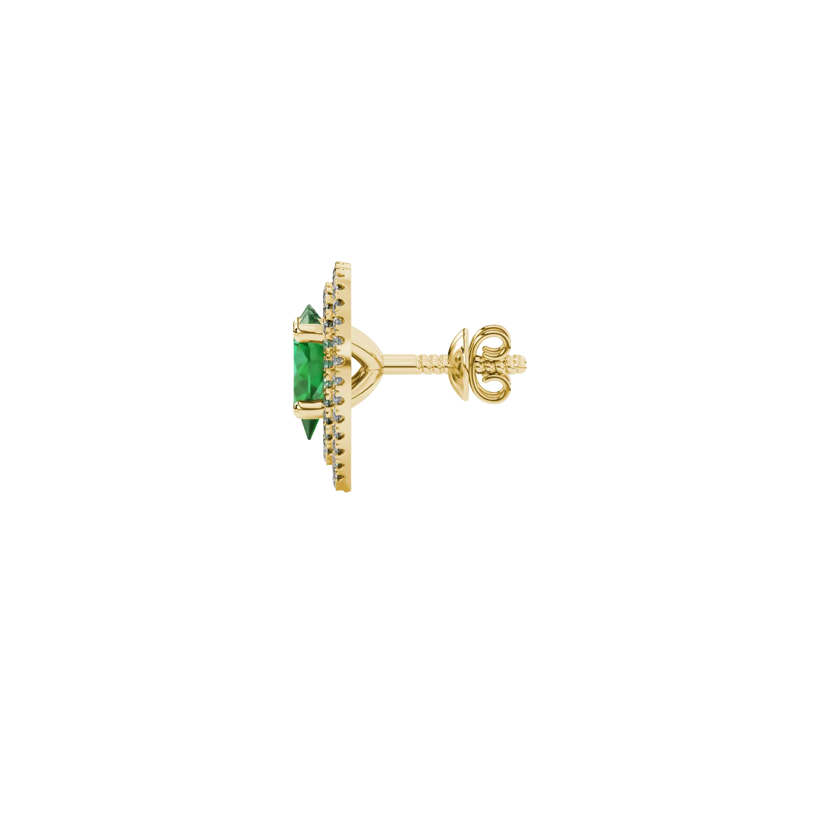 Side profile, yellow gold emerald green earrings, falling edge halo gallery.