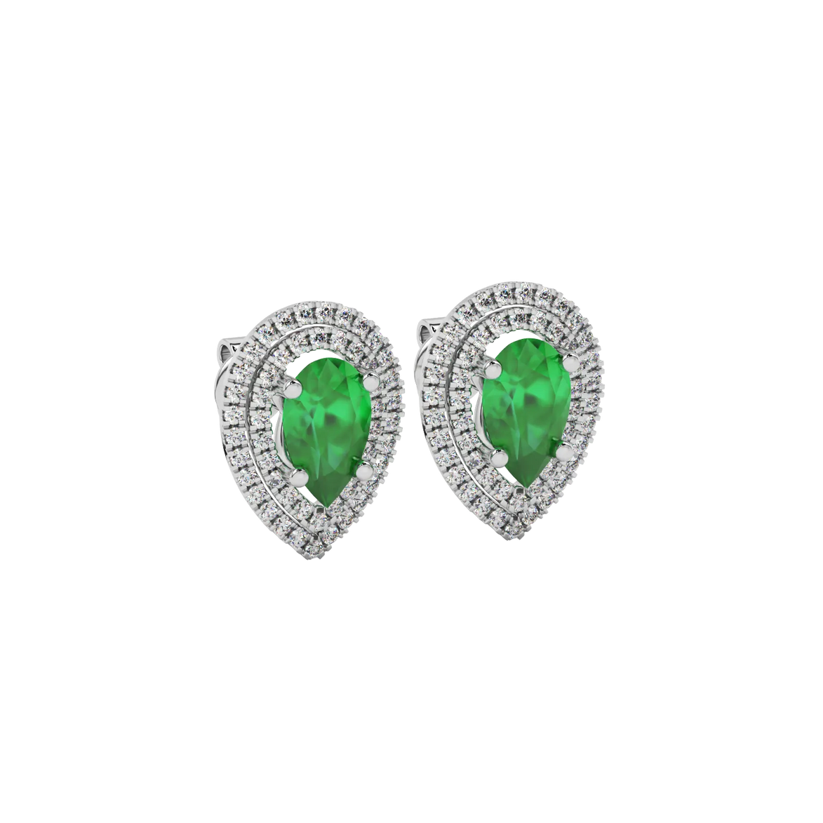 Close-up emerald green gemstone earing, white gold halo setting