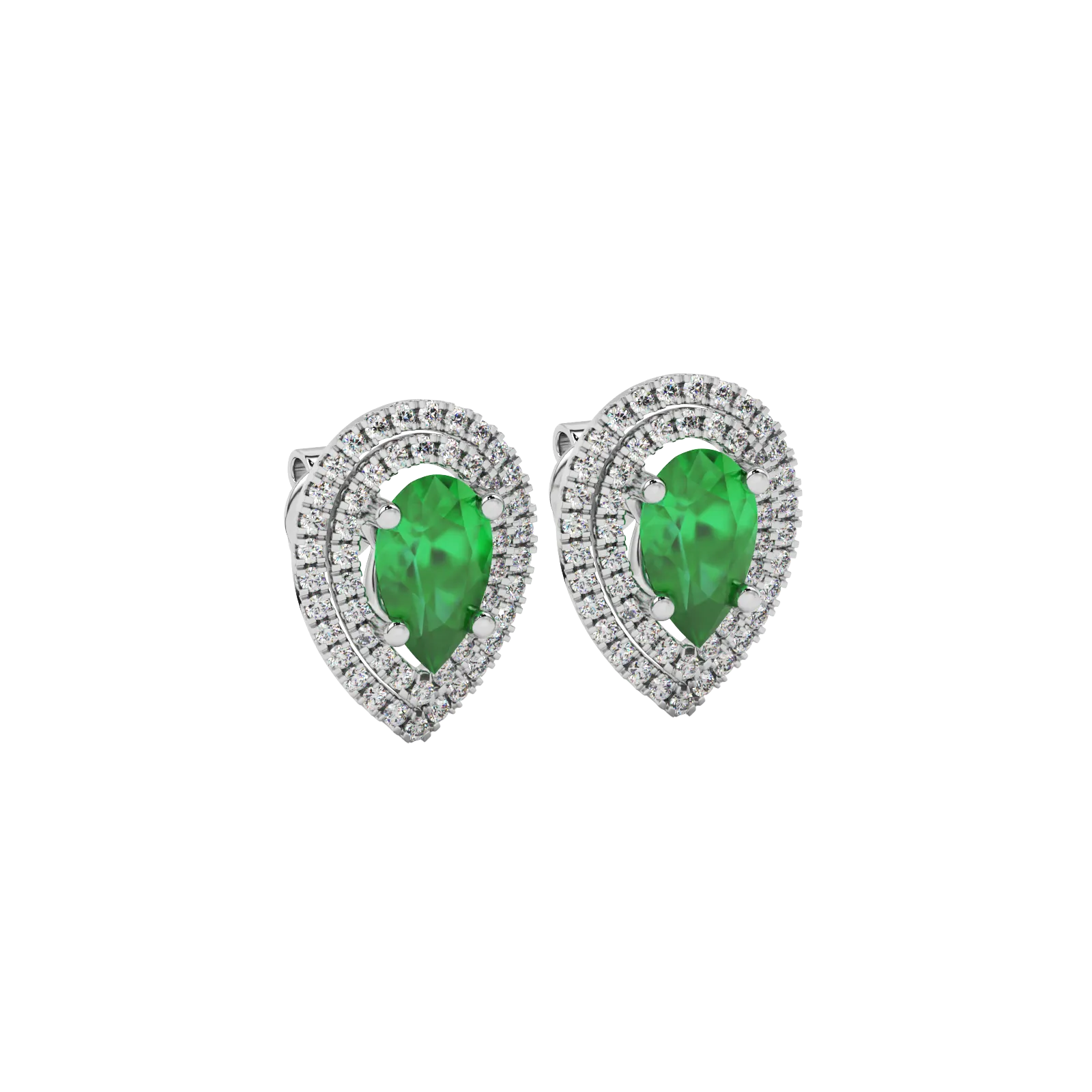 Close-up emerald green gemstone earing, white gold halo setting