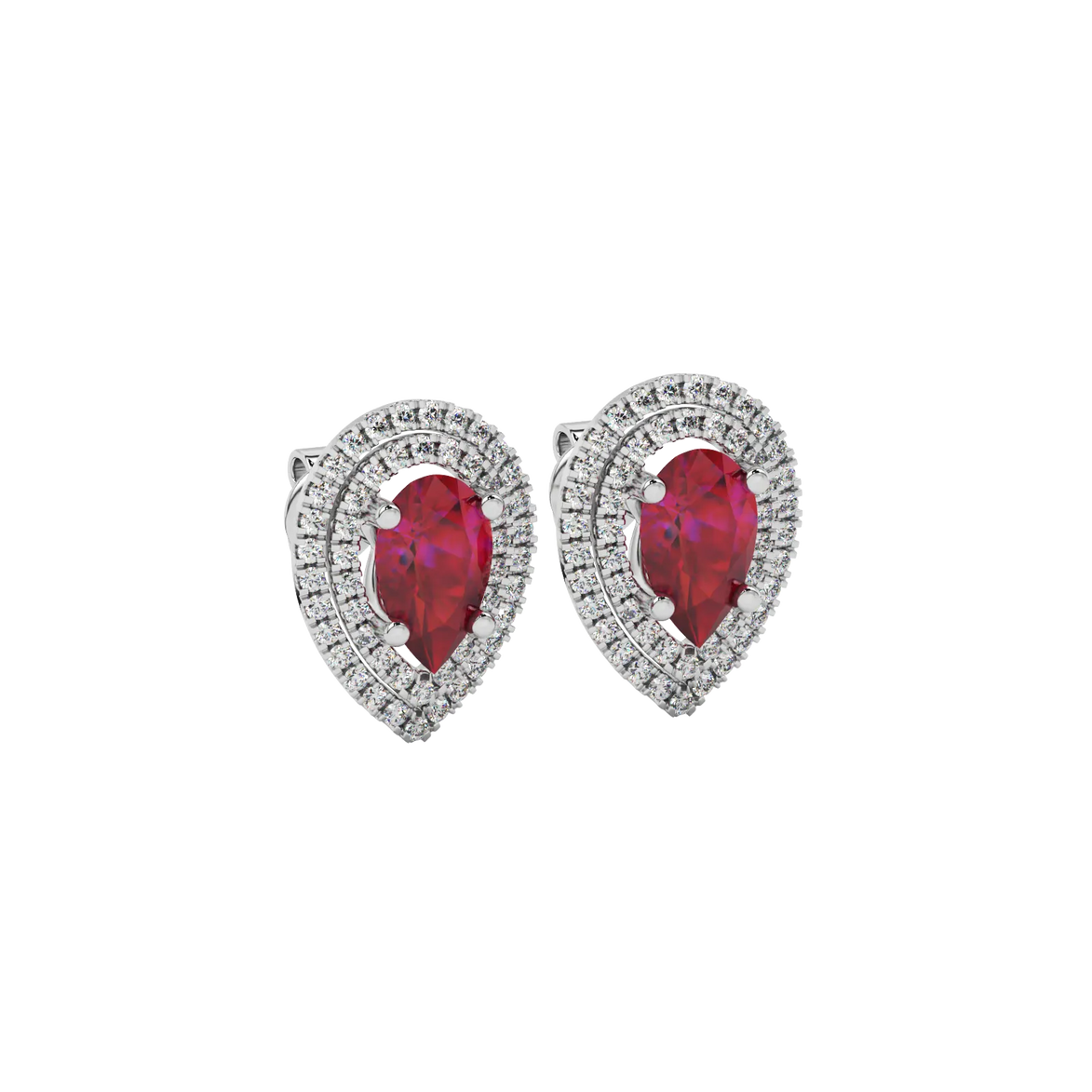 Close-up raspberry red gemstone earing, white gold halo setting