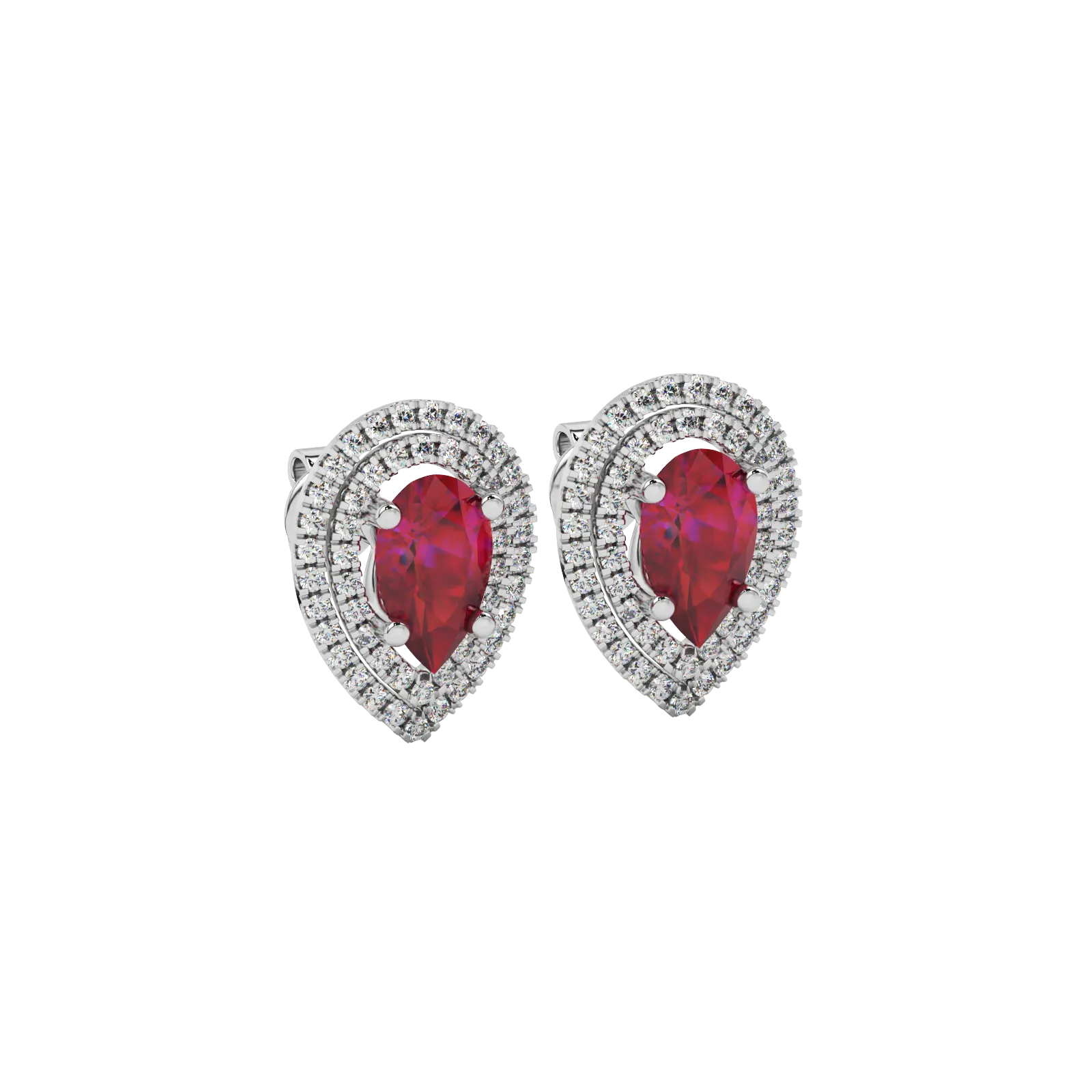 Close-up raspberry red gemstone earing, white gold halo setting