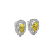 Close-up canary yellow gemstone earing, white gold halo setting.