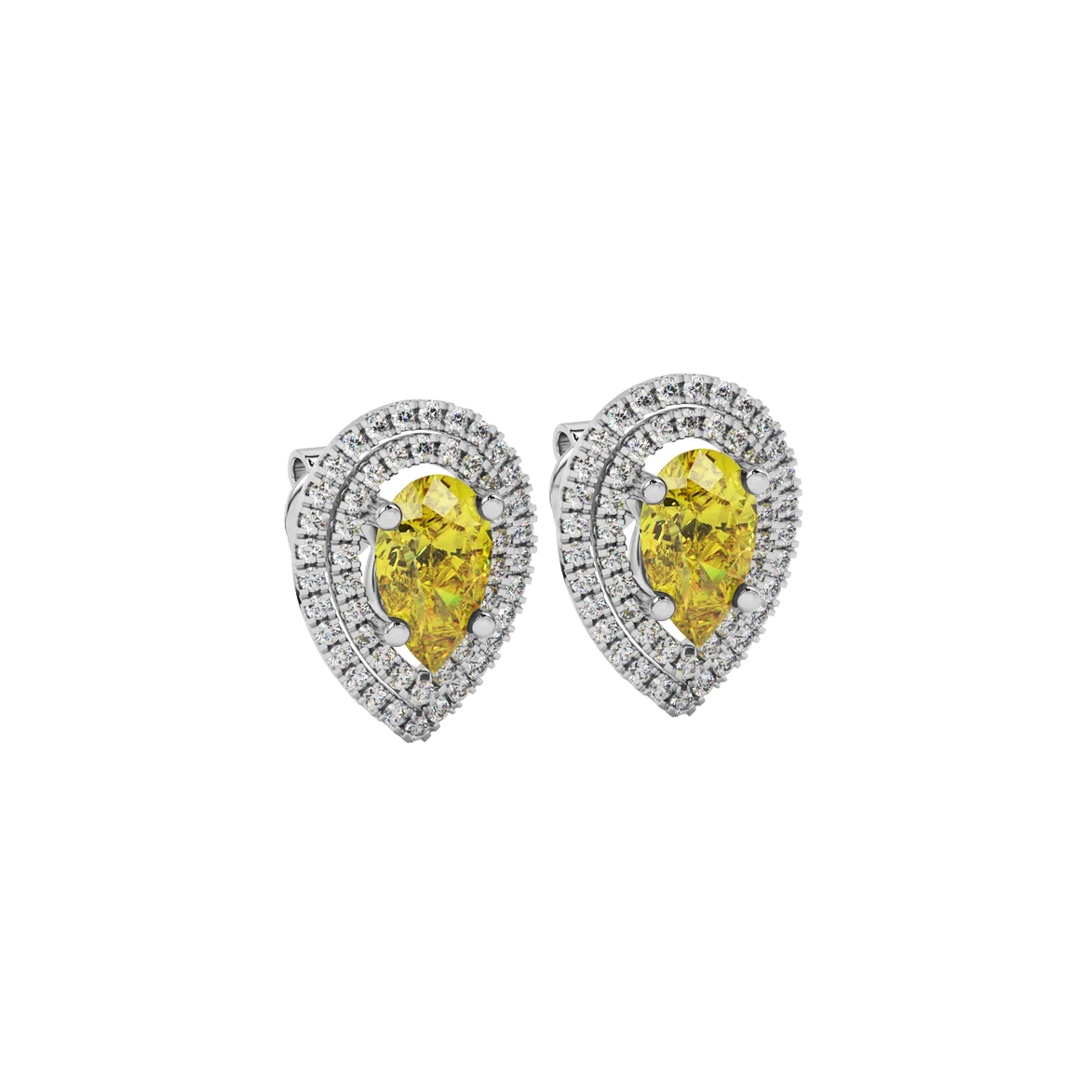 Close-up canary yellow gemstone earing, white gold halo setting.