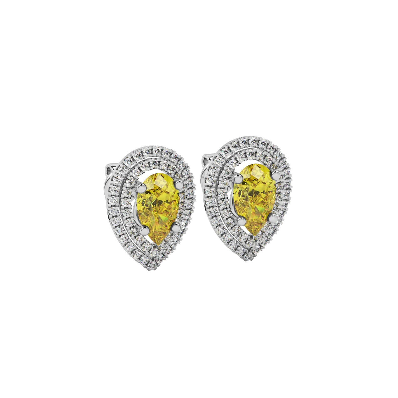 Close-up canary yellow gemstone earing, white gold halo setting.