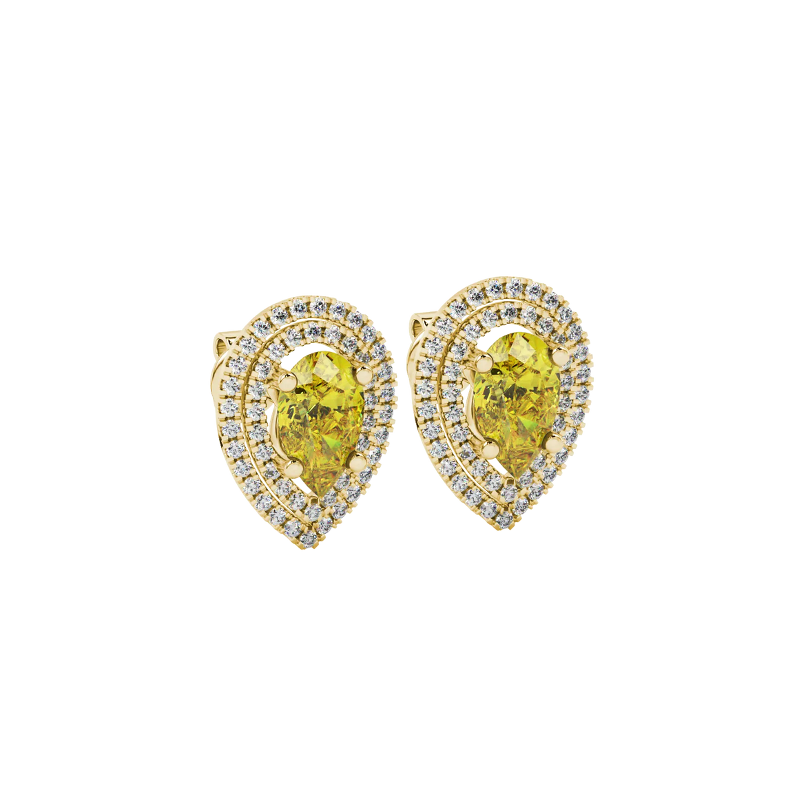Pear shape canary yellow gemstone earrings, yellow gold falling edge halo setting.