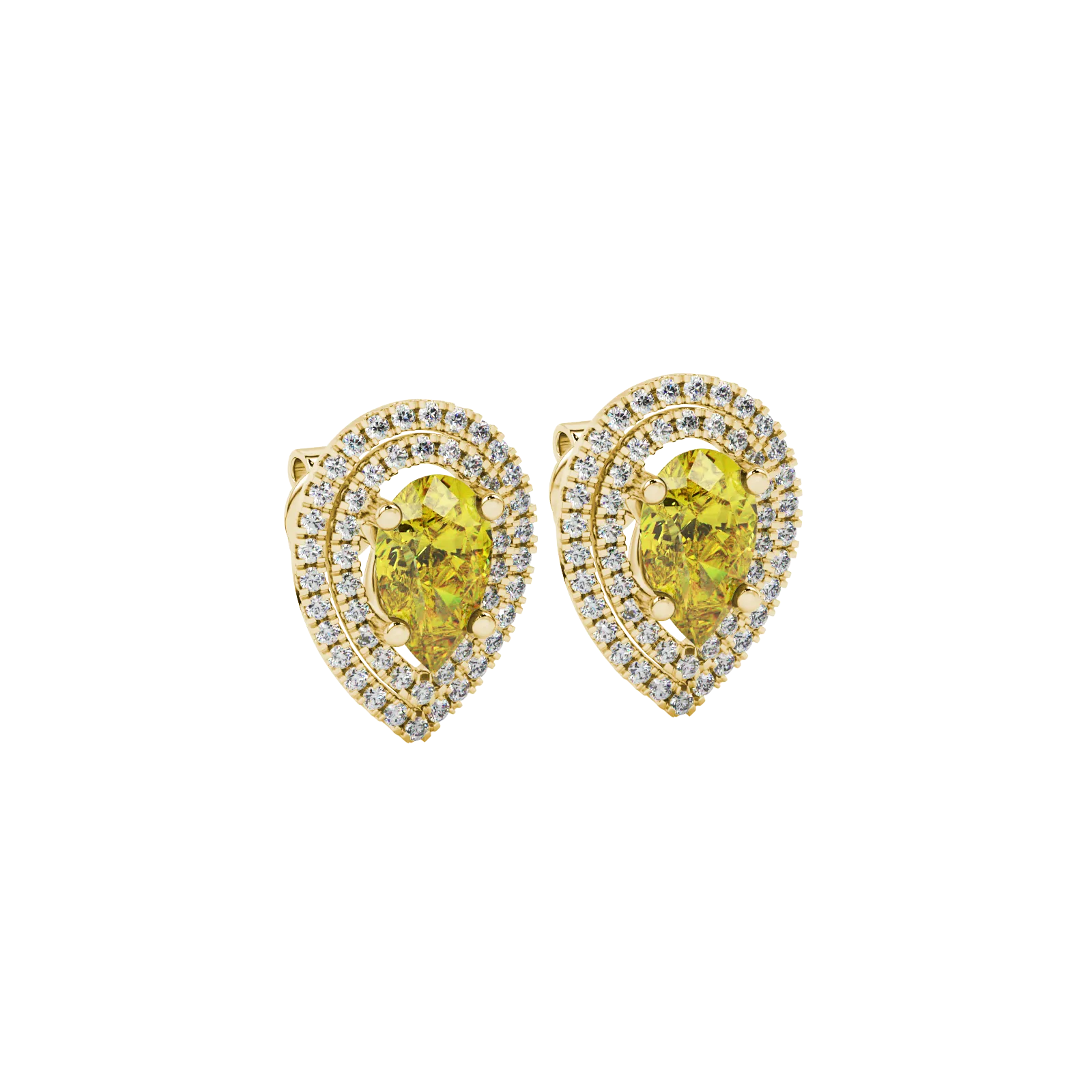 Pear shape canary yellow gemstone earrings, yellow gold falling edge halo setting.