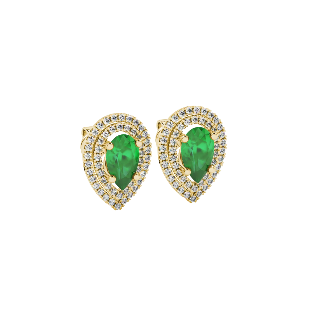 Pear shape emerald green gemstone earrings, yellow gold falling edge halo setting