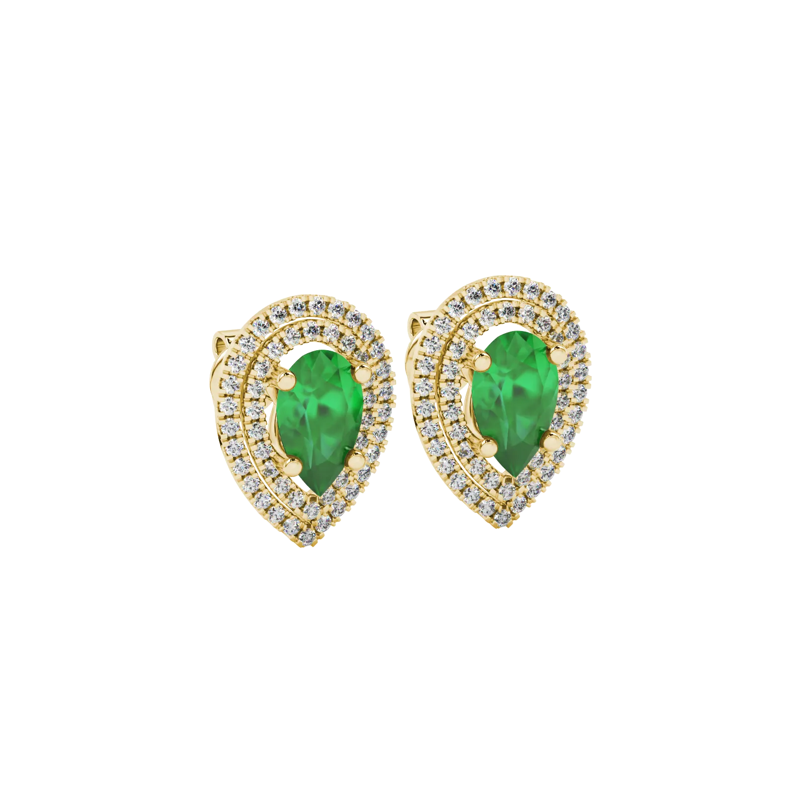Pear shape emerald green gemstone earrings, yellow gold falling edge halo setting