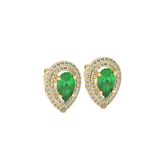 Pear shape emerald green gemstone earrings, yellow gold falling edge halo setting