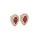 Pear shape raspberry red gemstone earrings, yellow gold falling edge halo setting.
