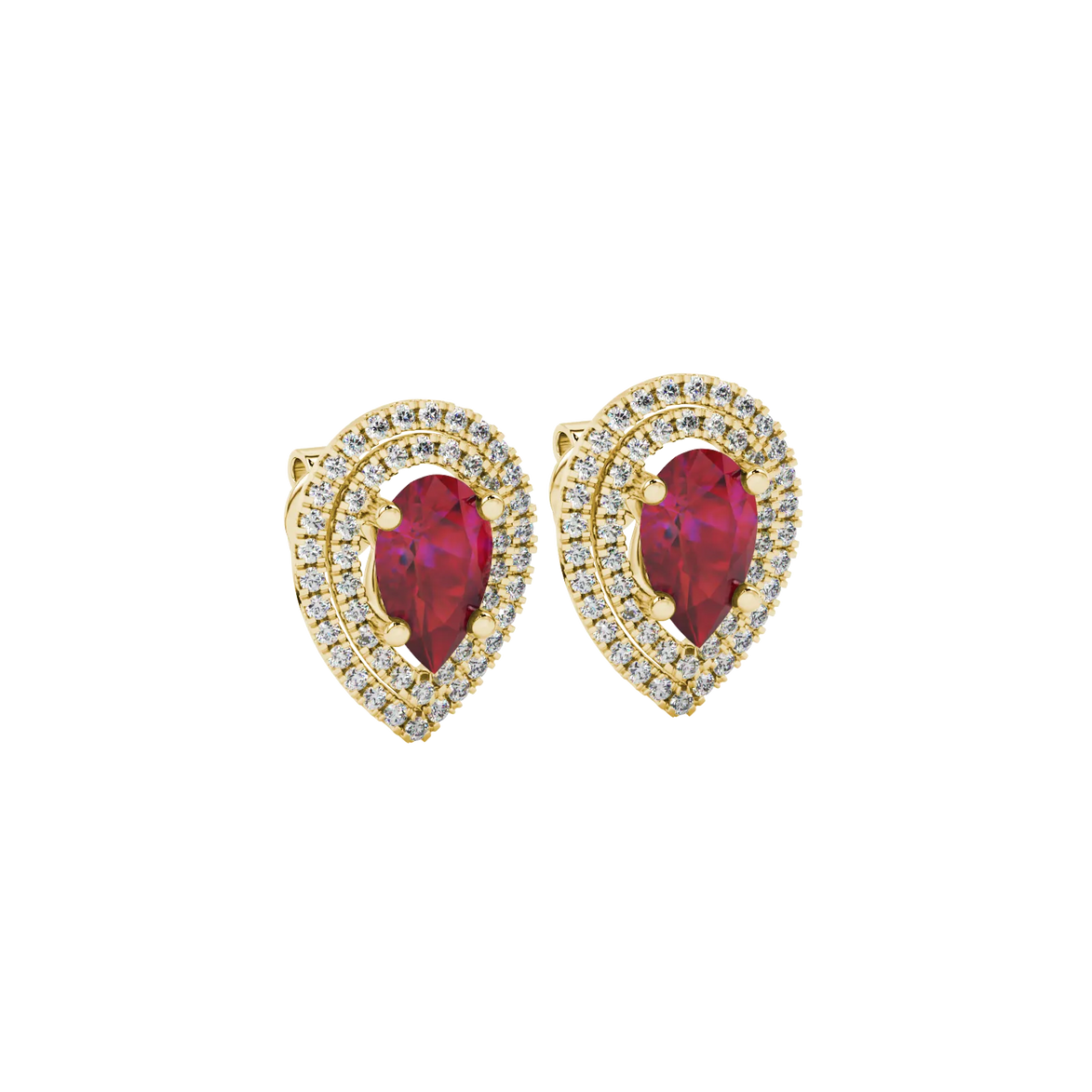 Pear shape raspberry red gemstone earrings, yellow gold falling edge halo setting.