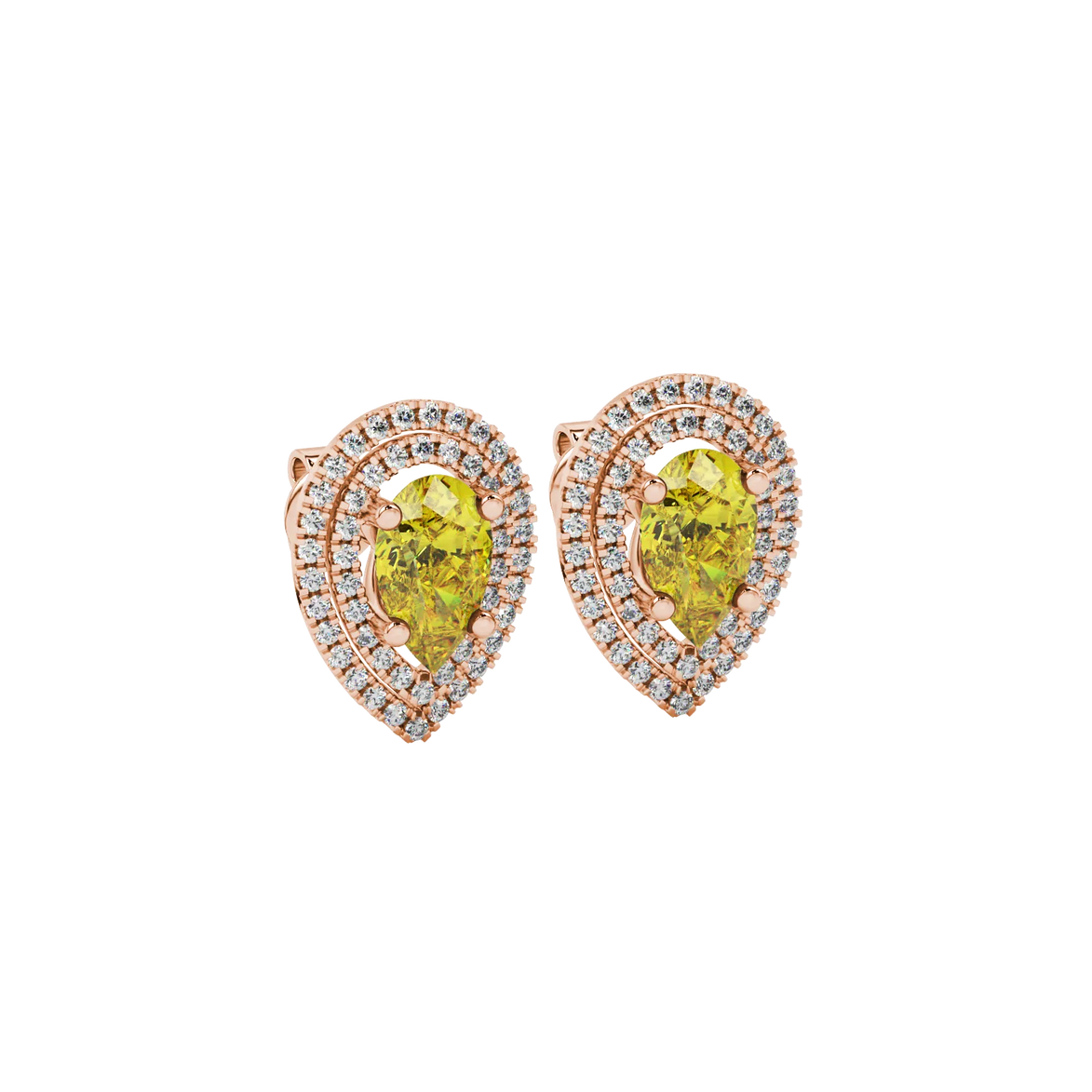 Close-up, pear shape canary yellow gemstone earrings, rose gold halo setting.