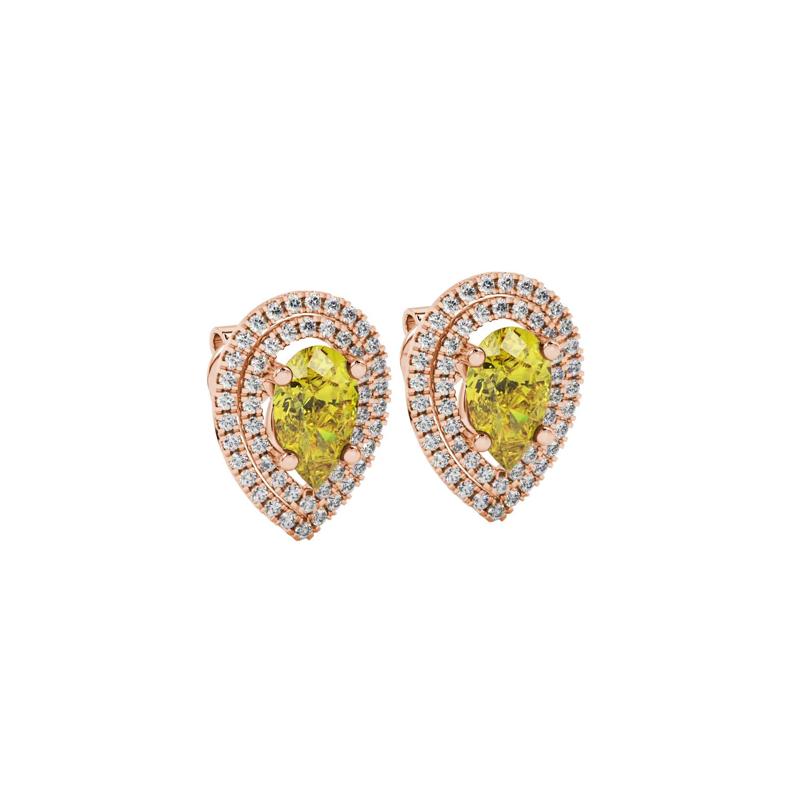 Close-up, pear shape canary yellow gemstone earrings, rose gold halo setting.
