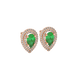 Close-up, pear shape emerald green gemstone earrings, rose gold halo setting.
