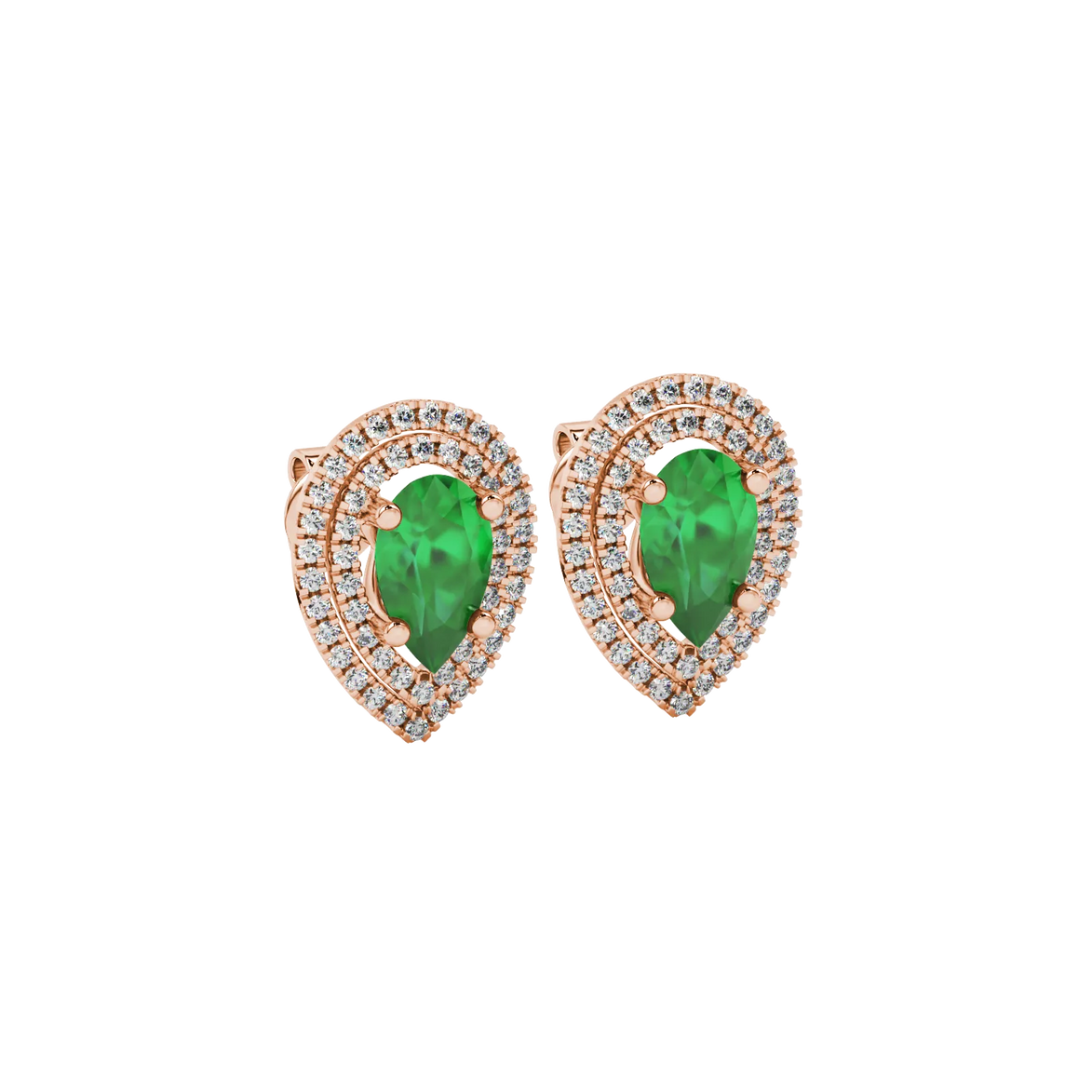Close-up, pear shape emerald green gemstone earrings, rose gold halo setting.