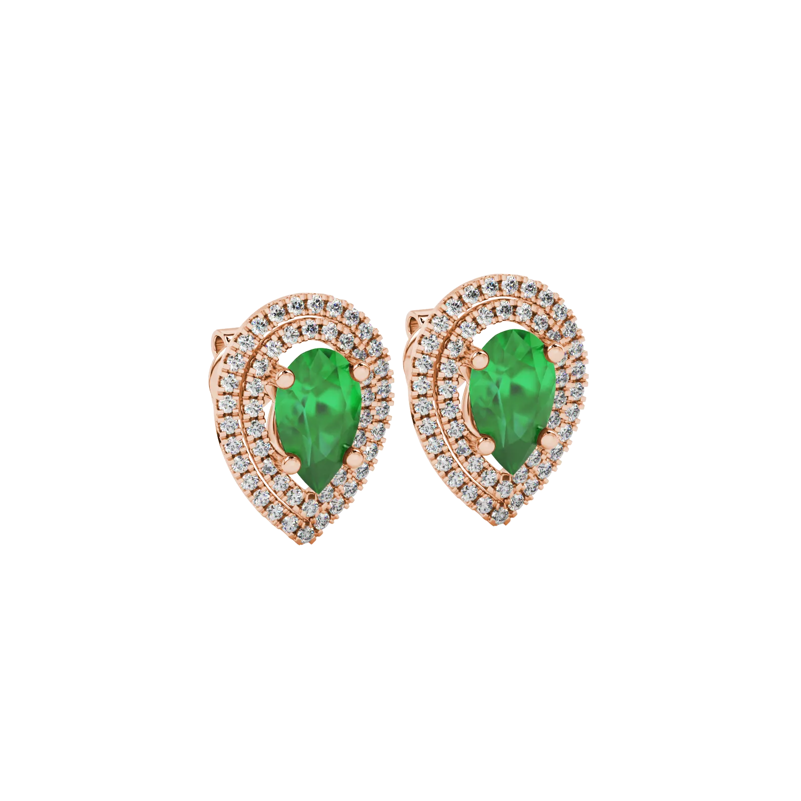 Close-up, pear shape emerald green gemstone earrings, rose gold halo setting.