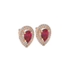Close-up, pear shape raspberry red gemstone earrings, rose gold halo setting.