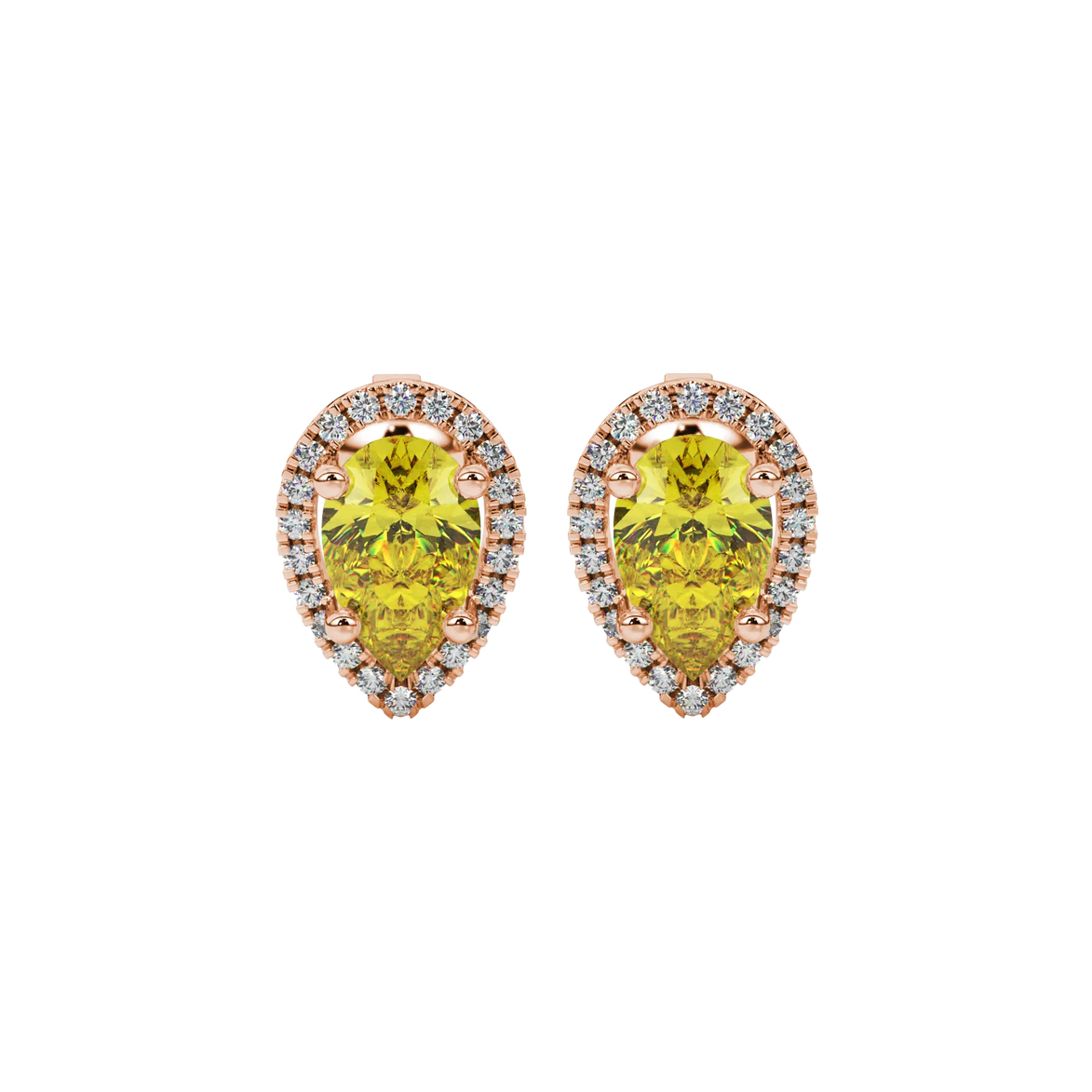 Pear shape canary yellow gemstone earrings, rose gold french pavé halo setting.