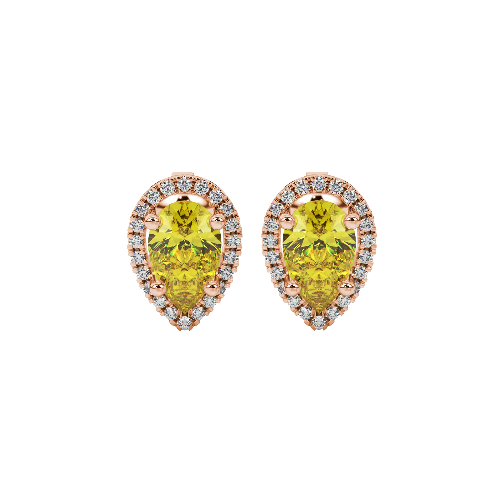 Pear shape canary yellow gemstone earrings, rose gold french pavé halo setting.